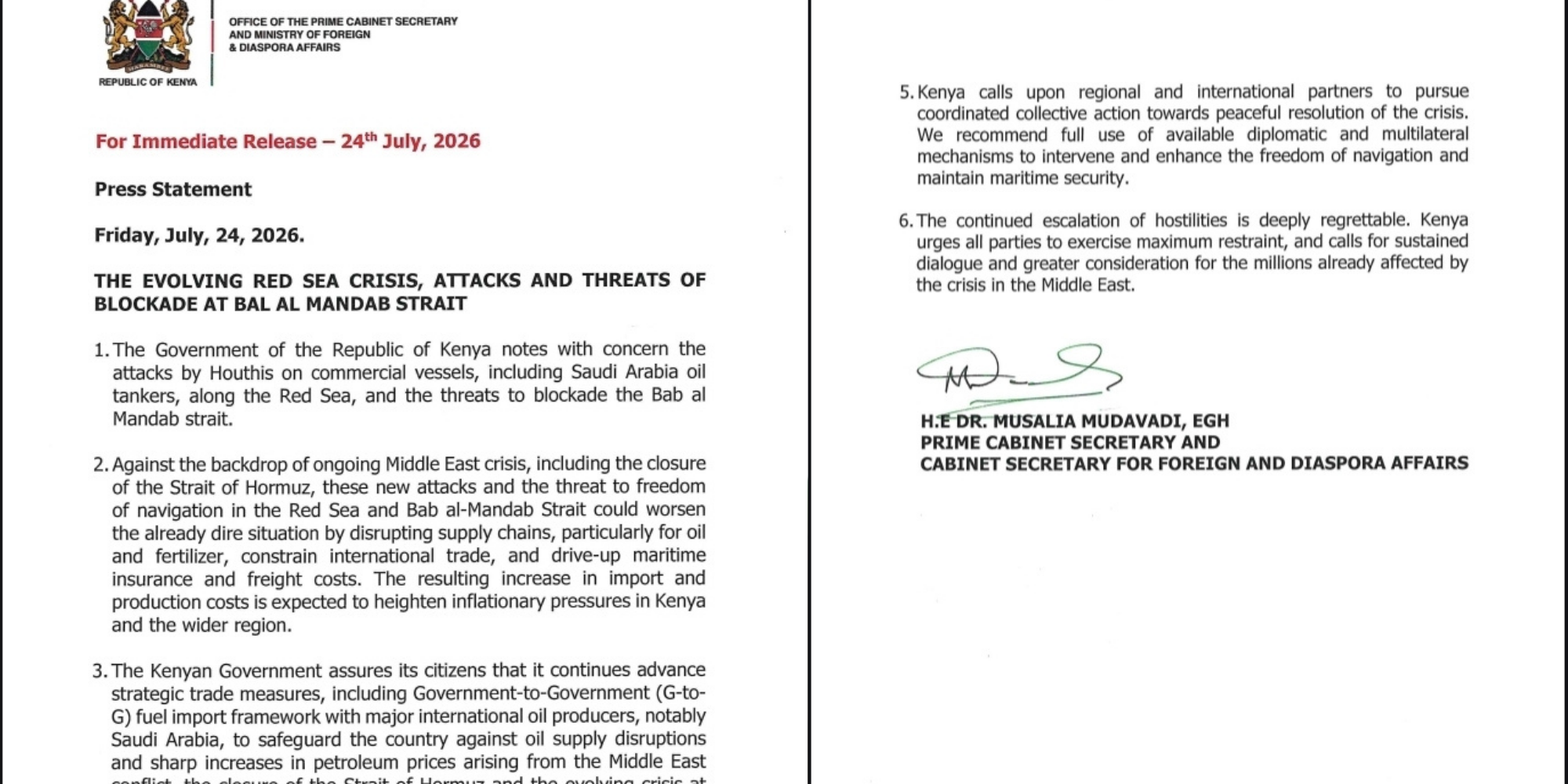 Kenya warns of economic risks from Red Sea attacks after Houthi strikes on commercial vessels, citing trade disruptions, fuel supply concerns and inflation risks in a statement issued on July 24, 2026. PHOTO/ File