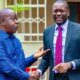 Nairobi Senator and Linda Mwananchi flagbearer Edwin Sifuna shakes hands with Jubilee Deputy Party Leader Fred Matiang'i after a meeting in Karen on July 22, 2026. PHOTO/ Sifuna X.