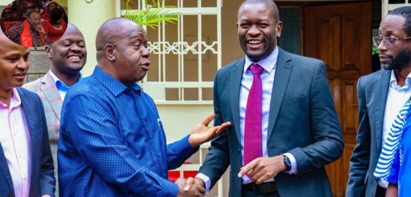 Nairobi Senator and Linda Mwananchi flagbearer Edwin Sifuna shakes hands with Jubilee Deputy Party Leader Fred Matiang'i after a meeting in Karen on July 22, 2026. PHOTO/ Sifuna X.