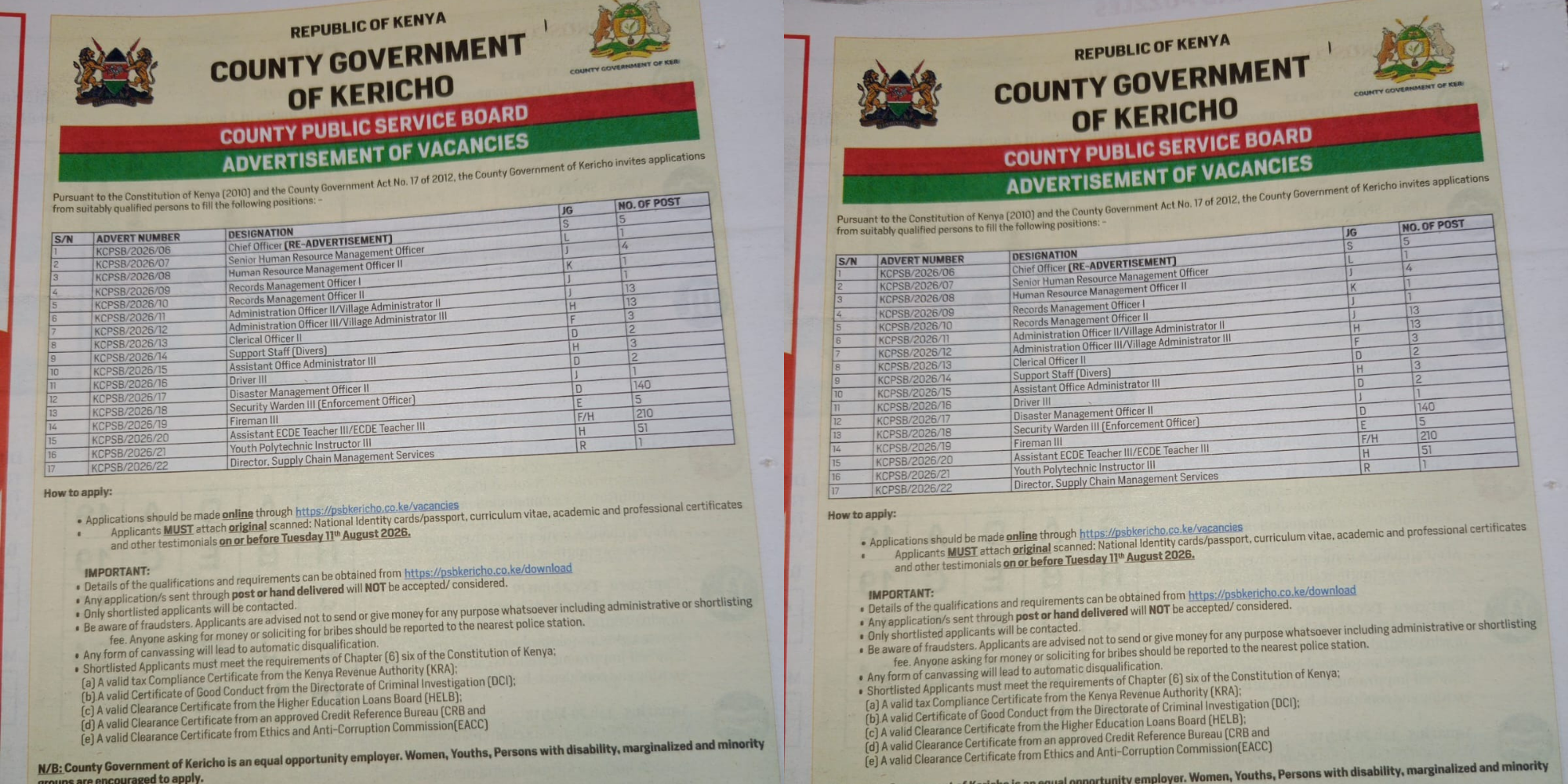 ericho County Public Service Board has invited qualified candidates to apply online for various job vacancies, ranging from Chief Officer to Security Warden III and ECDE Teacher positions
