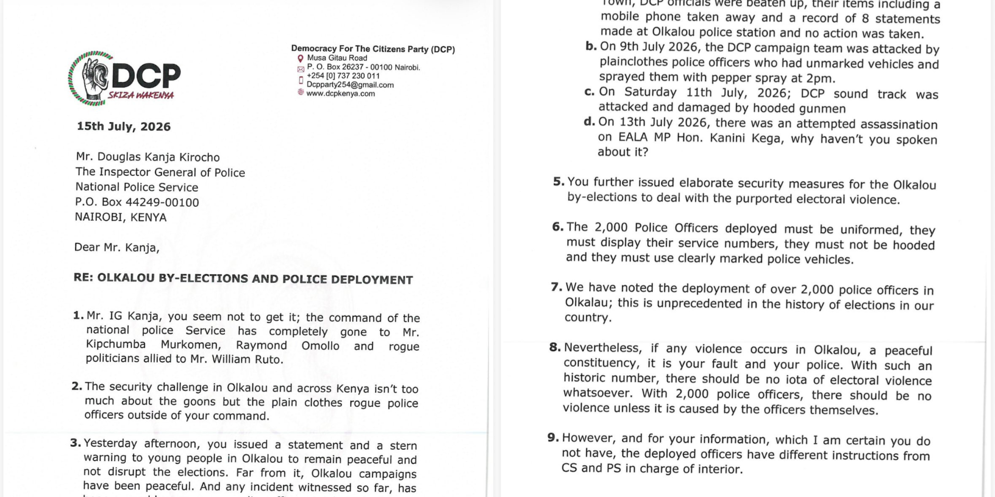A photo showing the letter of Gachagua to IG Kanja. Photo/ Gachagua / X