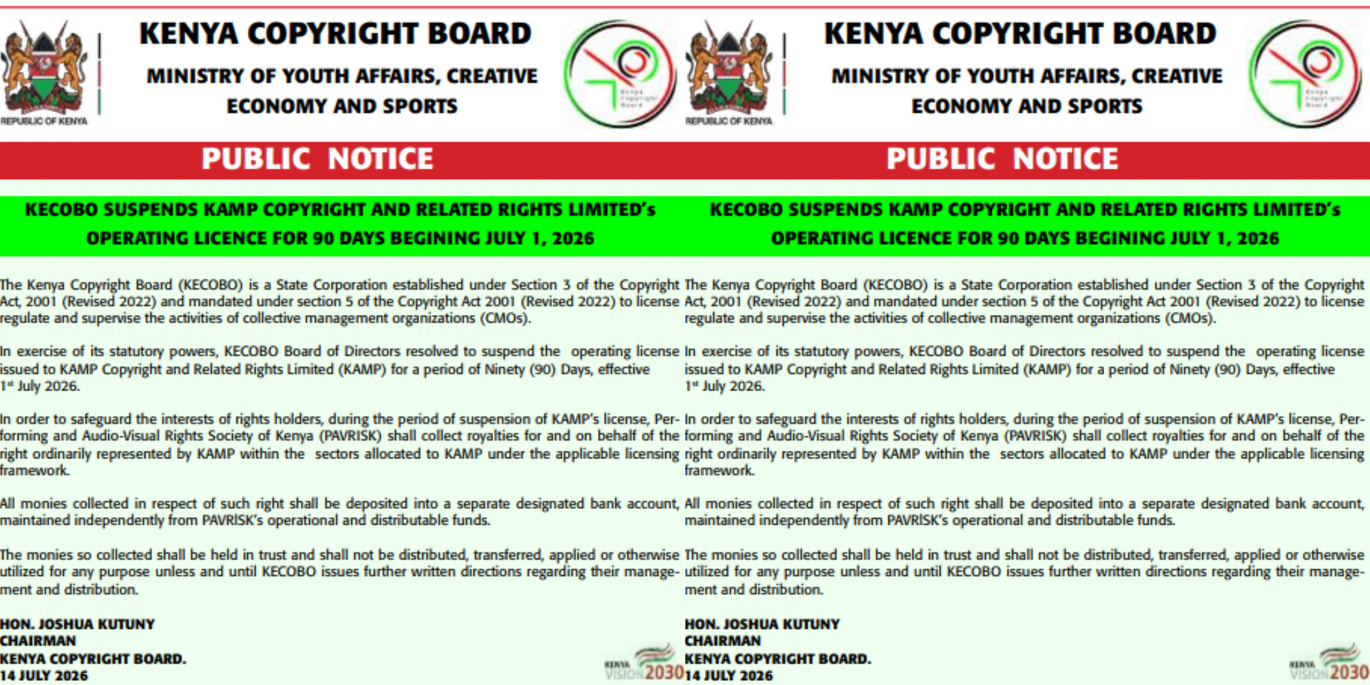 A photo showing KECOBO notice on KAMP suspension. Photo/ File