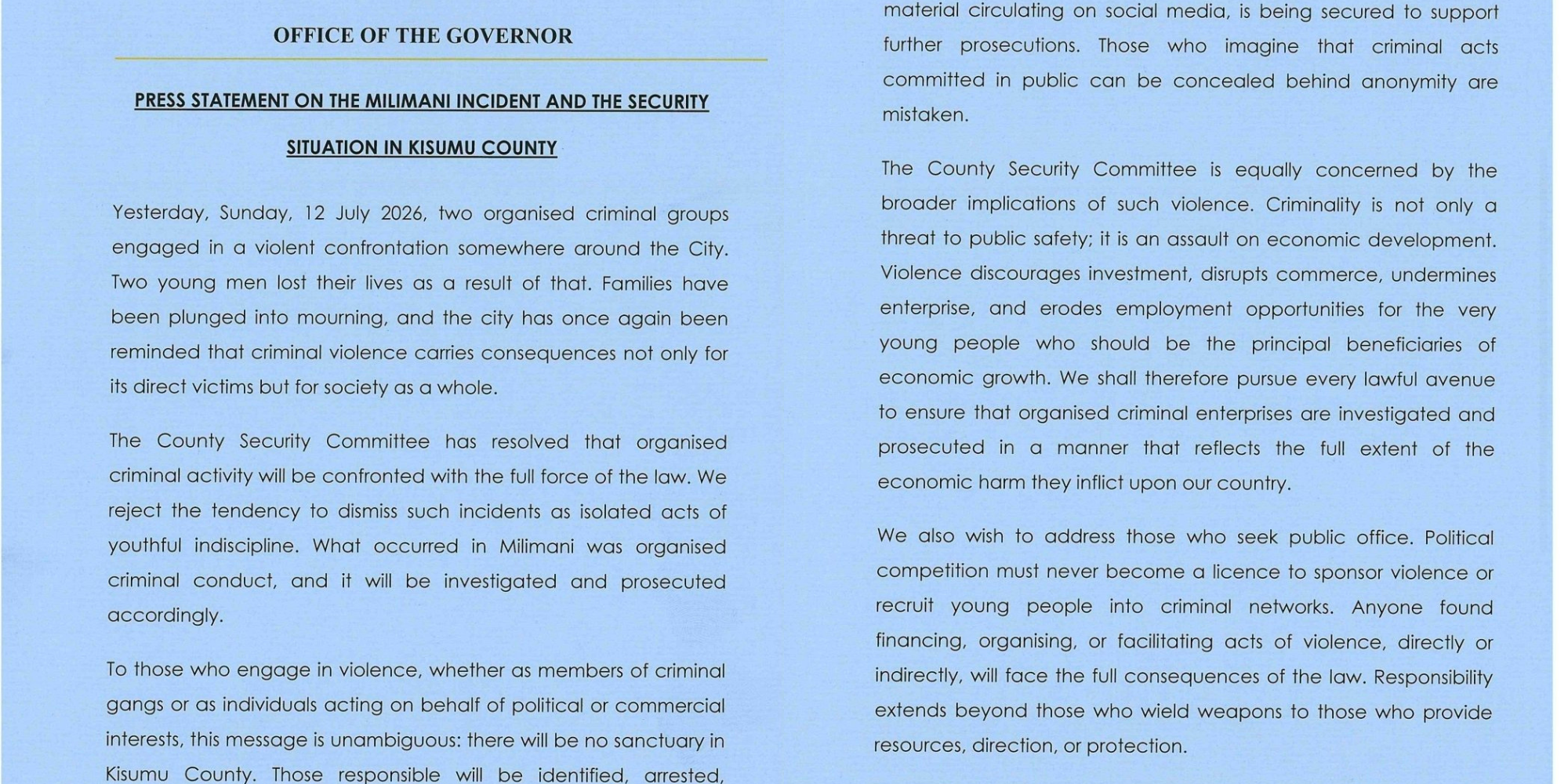 A photo showing Anyang Nyongo's statement on the milimani killings in kisumu. Photo/ Anyang' Nyong'o / X
