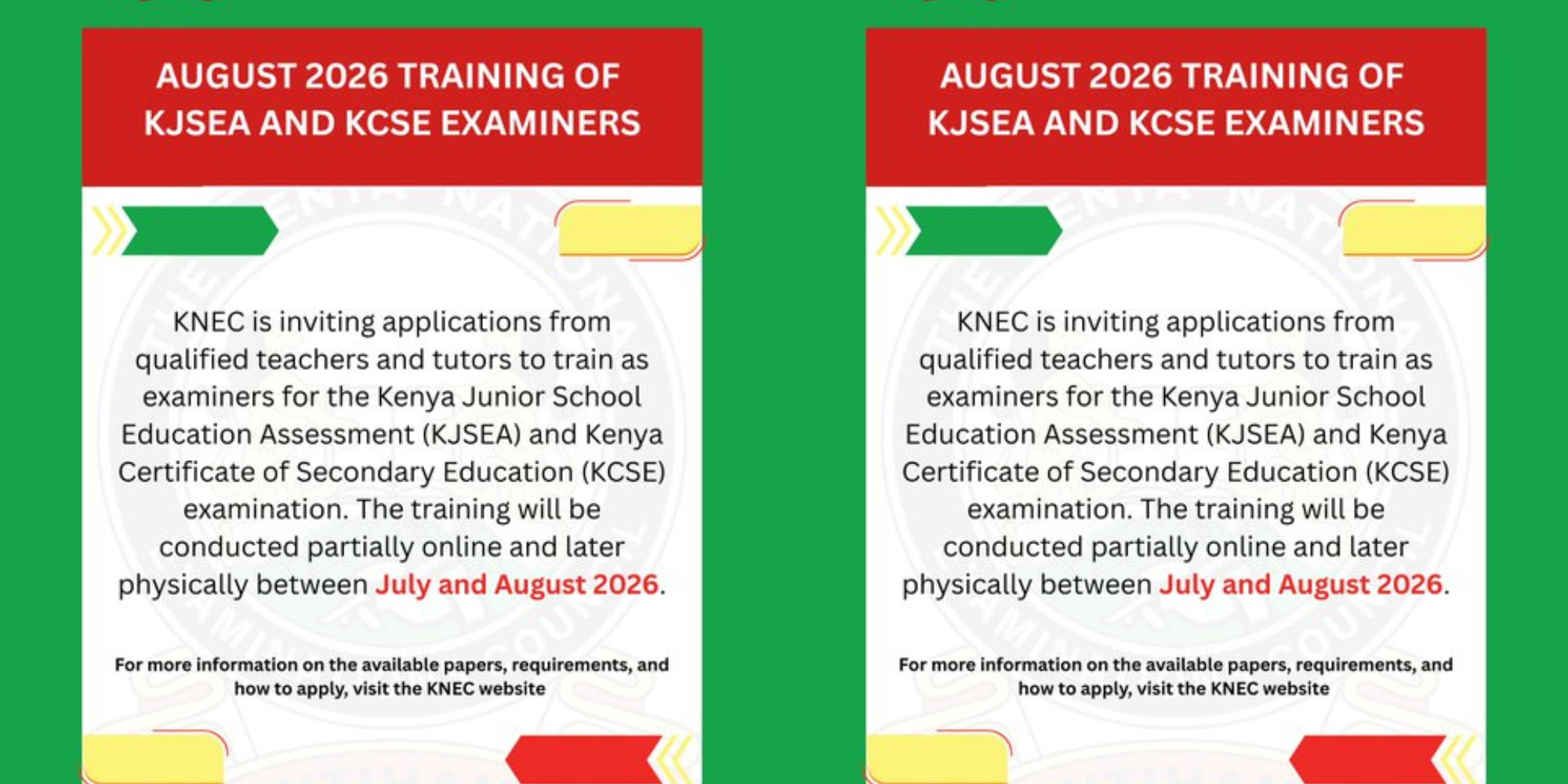 A photo of KNEC's notice on KJSEA and KCSE examiners recruitment. Photo/ KNEC/ X