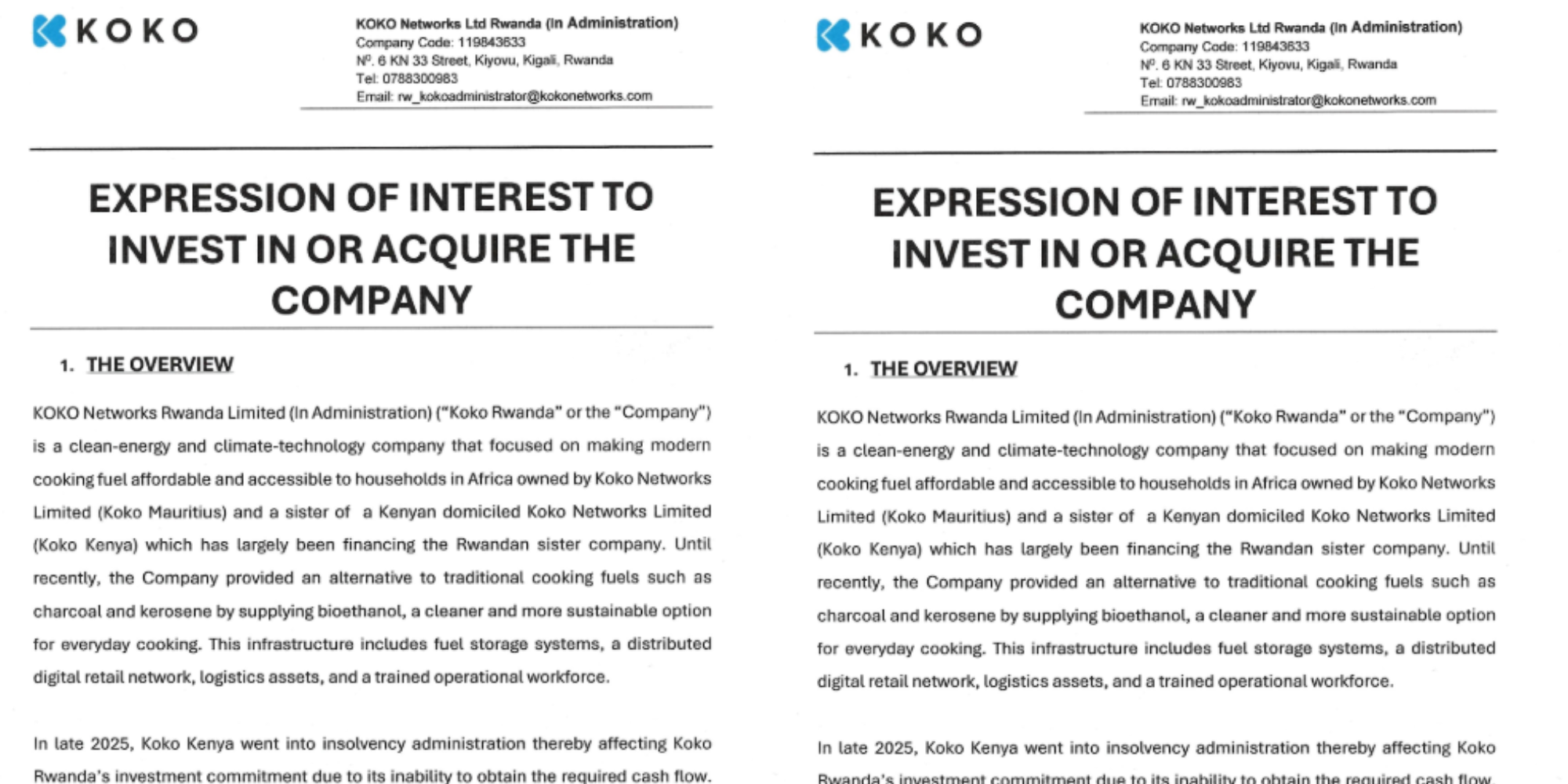 A photo showing KOKO Networks notice on the acquiry assets on Rwanda company. Photo/ File