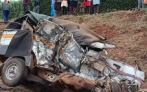 photo of the wreckage following an accident involving a truck and a tuktuk at Murubara along the Mwea-Embu Highway in Kirinyaga County. Photo/Courtsey