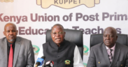 Kuppet Secretary General Akelo Misori, his deputy Moses Nthurima and National vice chairman Julius Korir during a press briefing on May 14, 2025.PHOTO/David Gichuru,Standard