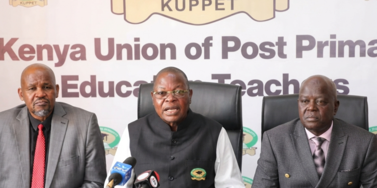 Kuppet Secretary General Akelo Misori, his deputy Moses Nthurima and National vice chairman Julius Korir during a press briefing on May 14, 2025.PHOTO/David Gichuru,Standard