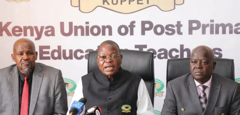 Kuppet Secretary General Akelo Misori, his deputy Moses Nthurima and National vice chairman Julius Korir during a press briefing on May 14, 2025.PHOTO/David Gichuru,Standard
