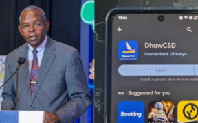 A photo collage of CBK Governor Kamau Thugge during the greening of Kenyan financial sector in Nairobi on Nov 23 and DhowCSD platform on google playstore PHOTO/CBK/Techweez