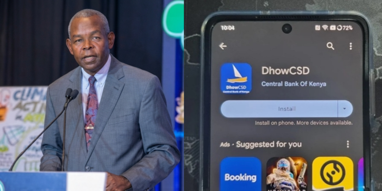 A photo collage of CBK Governor Kamau Thugge during the greening of Kenyan financial sector in Nairobi on Nov 23 and DhowCSD platform on google playstore PHOTO/CBK/Techweez