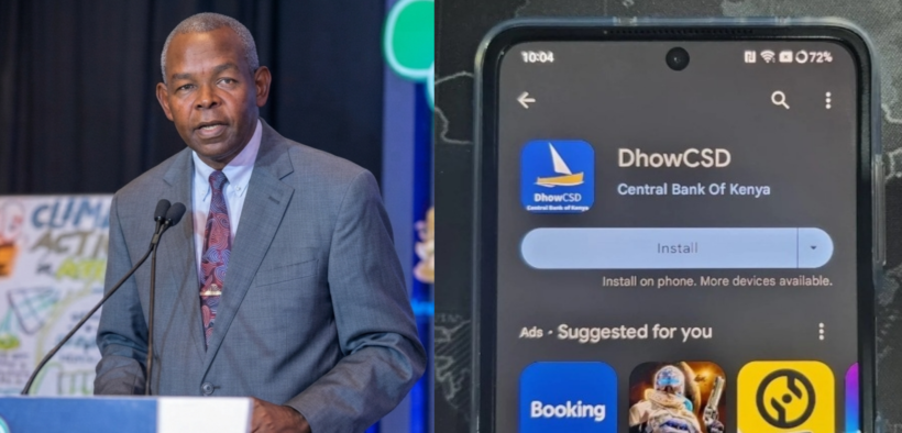 A photo collage of CBK Governor Kamau Thugge during the greening of Kenyan financial sector in Nairobi on Nov 23 and DhowCSD platform on google playstore PHOTO/CBK/Techweez