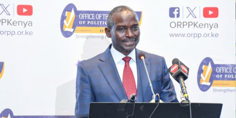 Registrar of Political Parties John Cox Lorionokou speaks during the unveiling of the ORPP Strategic Plan 2025–2028, which sets out the Office’s roadmap for registration, regulation, institutional capacity, digital transformation and strategic partnerships, on July 23, 2026. PHOTO/ ORPPKenya X