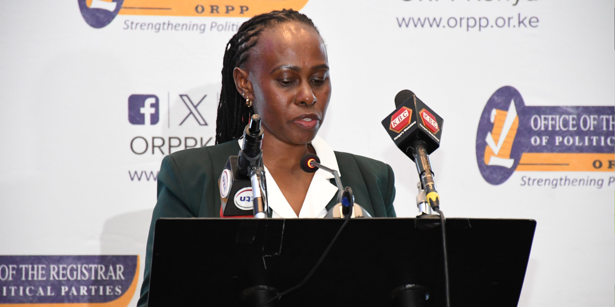 Assistant Registrar of Political Parties CS Agatha W. Wahome speaks during the unveiling of the ORPP Strategic Plan 2025–2028 on July 23, 2026, held to outline priorities on political party registration, regulation, digital transformation and institutional capacity. PHOTO/ ORPPKenya X