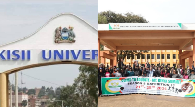 A photo collage of the entrance to Kisii University and Dedan Kimathi University. PHOTO/ Kisii University FB/ Dedan Kimathi University FB