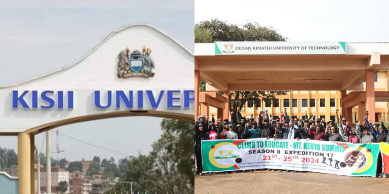 A photo collage of the entrance to Kisii University and Dedan Kimathi University. PHOTO/ Kisii University FB/ Dedan Kimathi University FB