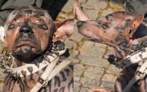 A collage photo of the screenshots from a viral video that claims a Japanese man, Jaso spent Rs 220 crore to become a dog. PHOTO/ Screengrab