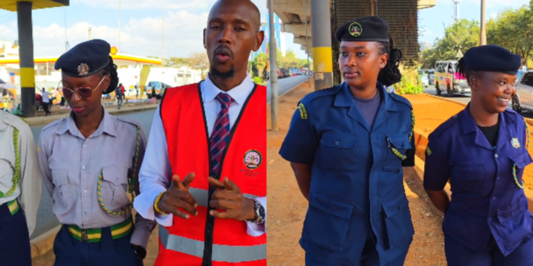 A collage photo of Mosiria and the County officers deployed to arrest pedestrians who will not use footbridges in Nairobi. Photo/ Mosiria/ X
