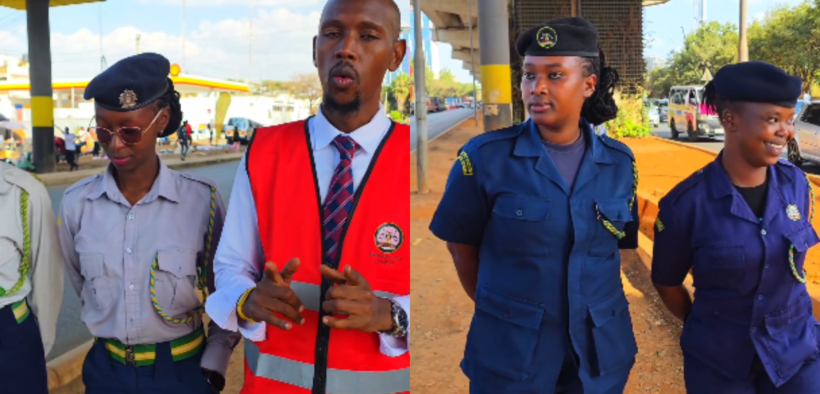 A collage photo of Mosiria and the County officers deployed to arrest pedestrians who will not use footbridges in Nairobi. Photo/ Mosiria/ X