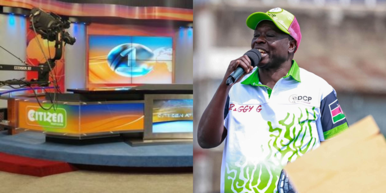 A photo collage of Citizen TV studio and former DP Rigathi Gachagua