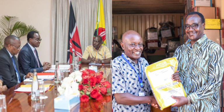 A photo collage of Education CS Julius Ogamba briefing President William Ruto on January 9, 2026, and opening KCSE examinations in Kwale County on November 3, 2025.