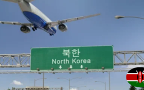 A photo of Airplane Landing North Korea with an insert of the Kenyan flag. PHOTO shutterstock.com