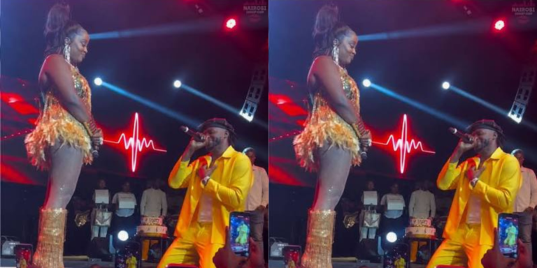 A photo of Arrow bwoy kneeling down to apologise to Nadia Mukami. Photo/ NGC