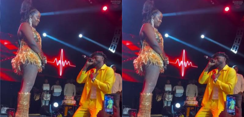 A photo of Arrow bwoy kneeling down to apologise to Nadia Mukami. Photo/ NGC