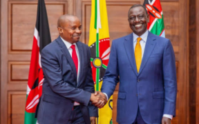 A photo of President William Ruto and Deputy president Kithure kindiki shaking hands. Photo/ File