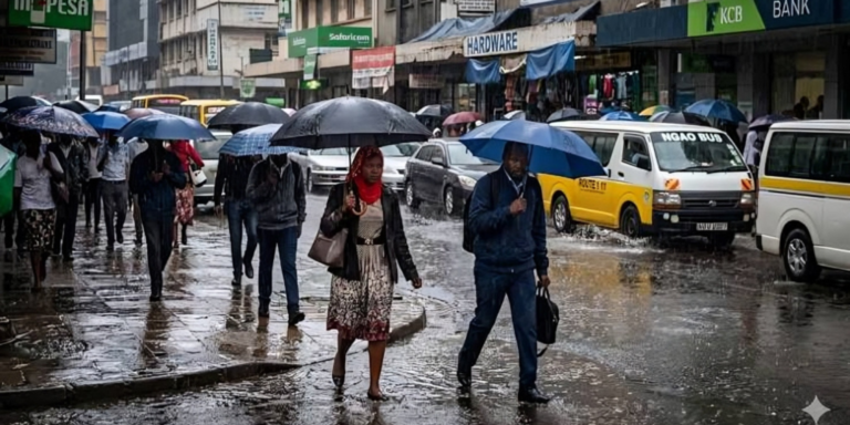 A photo of kenyans walking under the rain . Photo/ Courtesy