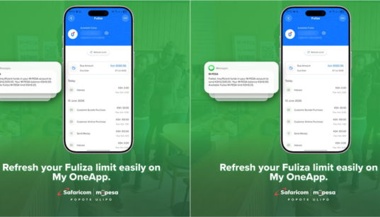 A photo showing the screenshot of a fuliza limit message of a safaricom customer after refreshing limit. Photo/ Safaricom
