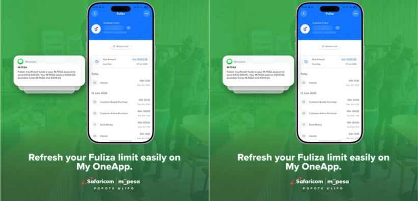 A photo showing the screenshot of a fuliza limit message of a safaricom customer after refreshing limit. Photo/ Safaricom