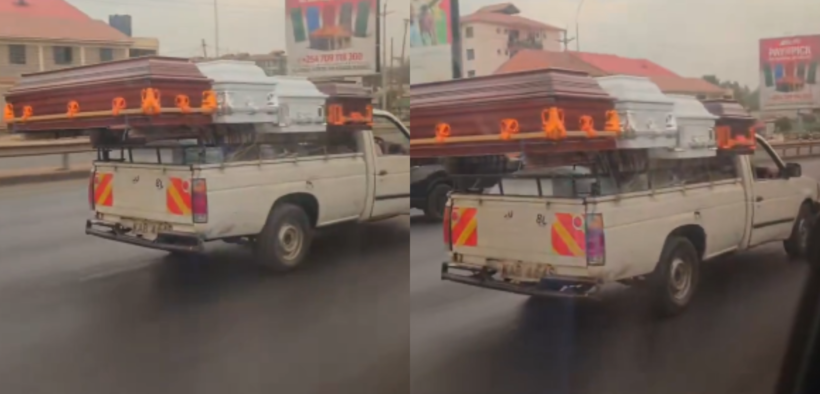 A photo showing uncovered coffin being transported on road. Photo/ Mosiria