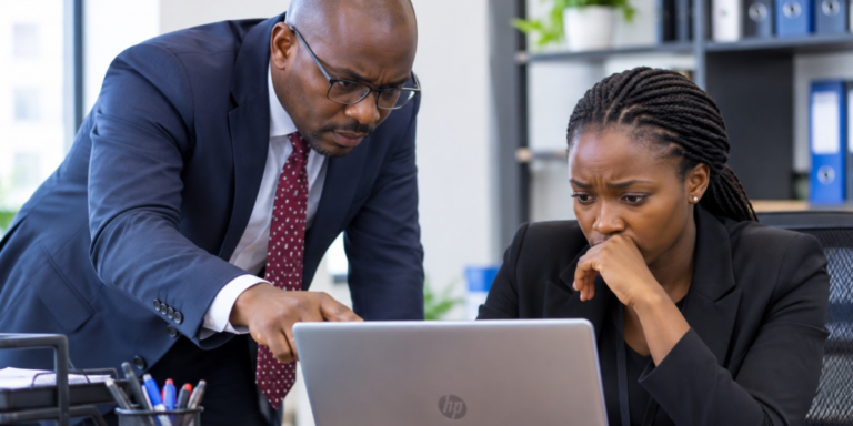 An AI-generated photo illustrating an employer inspecting an employee’s laptop. PHOTO/ChatGPT