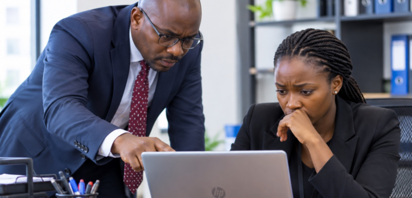 An AI-generated photo illustrating an employer inspecting an employee’s laptop. PHOTO/ChatGPT