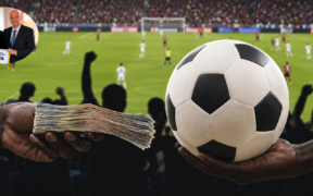 An AI-generated photo illustrating match-fixing, featuring inserts of FIFA President Gianni Infantino and Football Kenya Federation (FKF) President Hussein Mohammed.