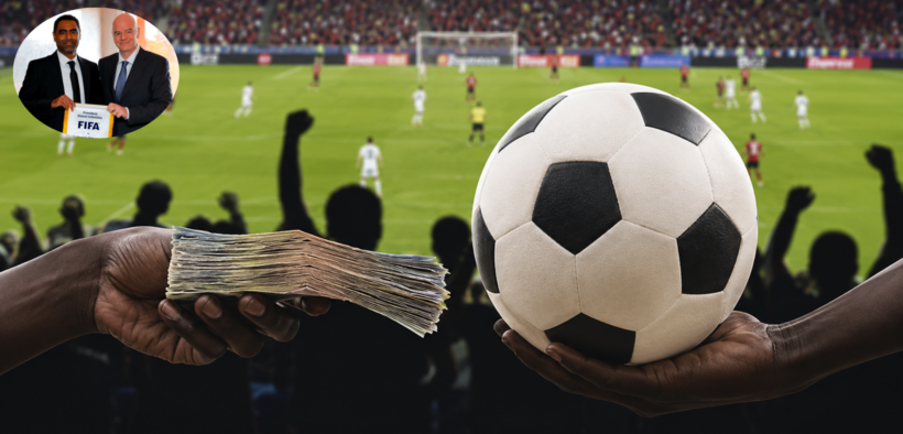 An AI-generated photo illustrating match-fixing, featuring inserts of FIFA President Gianni Infantino and Football Kenya Federation (FKF) President Hussein Mohammed.