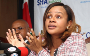 A collage photo of SHA CEO Mercy Mwangagi addressing the media during her official report at SHA offices in Nairobi on June 3, 2025. PHOTO/ The Standard.