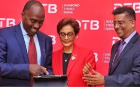 Diamond Trust Bank (DTB) Chairman Linus Gitahi, Group CEO Nasim Devji, and Finance & Strategy Director Alkarim Jiwa PHOTO/File