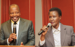 A collage photo of Agriculture Cabinet Secretary Mutahi Kagwe and Amelia Kyambadde, Chairperson of Uganda's Parliamentary Committee on Agriculture, Animal Industry and Fisheries, speak during a luncheon meeting on maize trade and food safety at the Nairobi Serena Hotel on September 8, 2026. PHOTO/ CS Kagwe X
