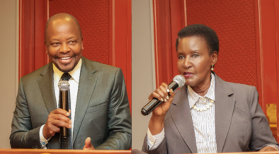 A collage photo of Agriculture Cabinet Secretary Mutahi Kagwe and Amelia Kyambadde, Chairperson of Uganda's Parliamentary Committee on Agriculture, Animal Industry and Fisheries, speak during a luncheon meeting on maize trade and food safety at the Nairobi Serena Hotel on September 8, 2026. PHOTO/ CS Kagwe X