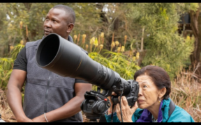 Her Imperial Highness Princess Takamado of Japan, a member of Japan’s Royal Family (right), with Kakuzi Executive Head Simon Odhiambo (left) during a bird-watching excursion at Kakuzi Orchards in Murang'a County.