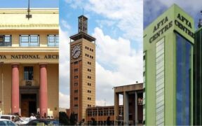 A collage of Kenya National Archives, Parliament Buildings and Afya Centre PHOTO/Courtesy