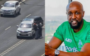 A collage photo showing Kasarani MP Ronald Karauri and the vehicle with men surrounding it at the expressway. Photo/ Courtesy