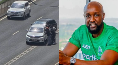A collage photo showing Kasarani MP Ronald Karauri and the vehicle with men surrounding it at the expressway. Photo/ Courtesy
