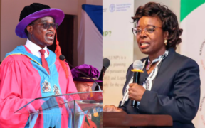 A photo collage of Education CS Julius Ogamba and Controller of Budget Margaret Nyakang'o