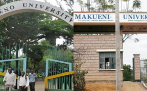 A photo collage of Maseno University main gate and Makueni University gate.