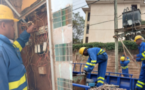 A photo showing technicians from Kenya Power working on power outage in an area . Photo/ Kenya Power