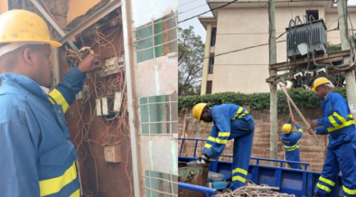 A photo showing technicians from Kenya Power working on power outage in an area . Photo/ Kenya Power