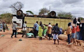 A photo showing the lorry after it overturned in Kitui leaving five people dead. Photo/ File